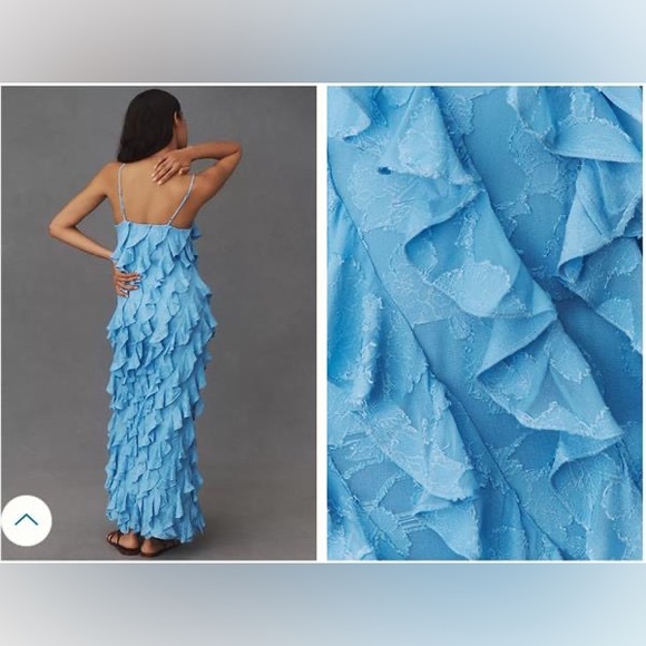 NWT Anthropologie BHLDN Jia Printed Bias-Cut Ruffled V-Neck Gown Maxi Blue Sz 4 - Picture 3 of 7